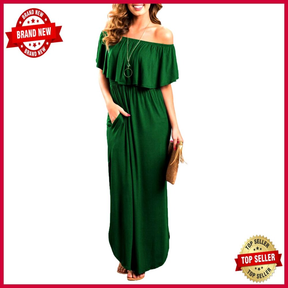 Off Shoulder Ruffle Maxi Dress Side Split Pockets… - image 1